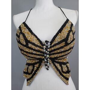 Vintage 00s Butterfly Crop Top Gold Black Rhinestones Strappy Open Back y2k 2000
